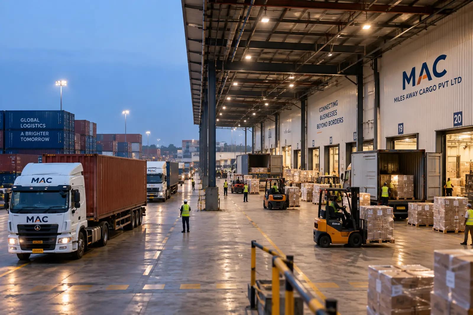 Warehouse and container yard operations with forklifts, trucks, and cargo teams at work