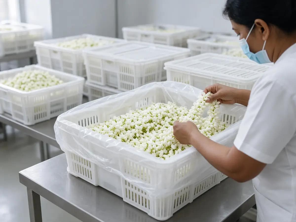 Jasmine flowers carefully packed for international air export